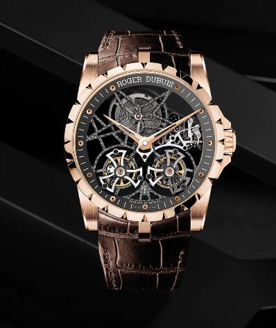 Roger Dubuis Excalibur Skeleton double flying tourbillon RDDBEX0395 Replica Watch Rose gold Flying tourbillon camo strap cover